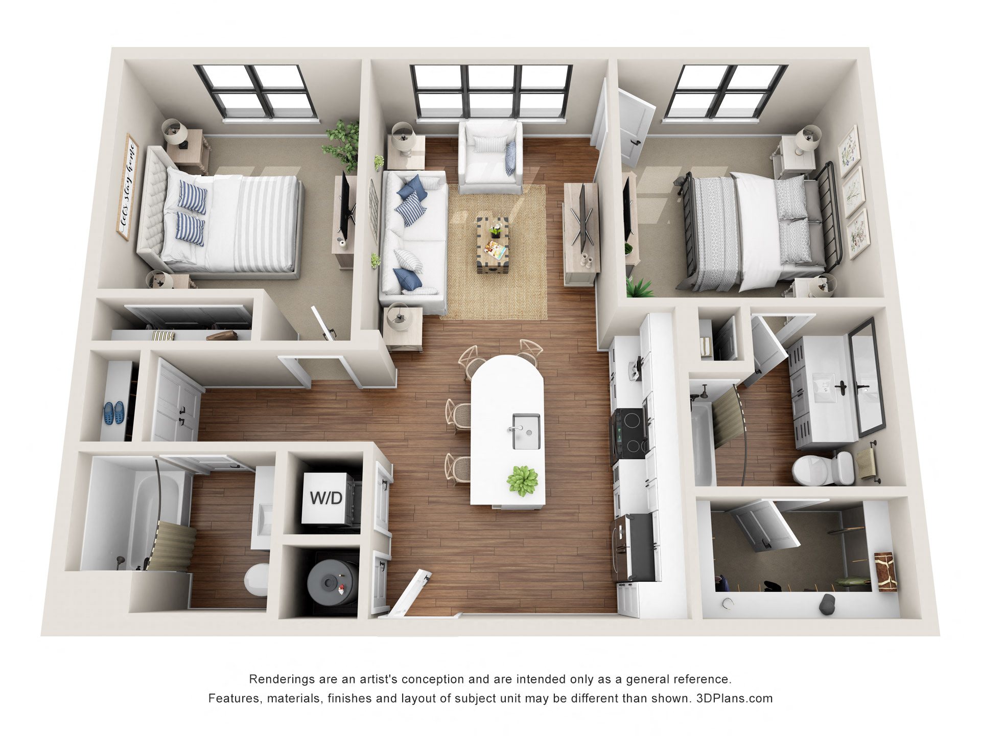 Floor plan for 2 beds, 2 baths, 954 sqft